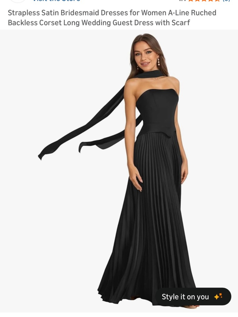 Strapless Black A-Line Pleated Dress with Scarf